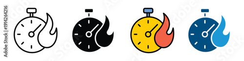 hot time icon. Stopwatch with flame icon vector. Performance speed symbol for calorie burn, fast delivery, and countdown timer set. Vector illustration.