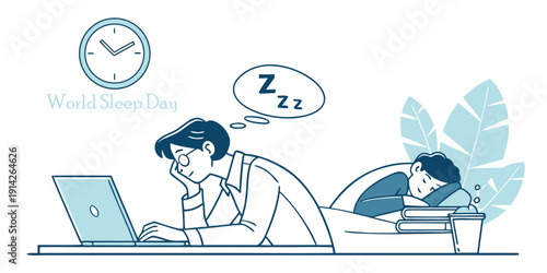 World sleep day illustration with man working late and other sleeping soundly