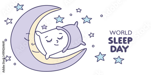 World sleep day with cute pillow sleeping on crescent moon and stars