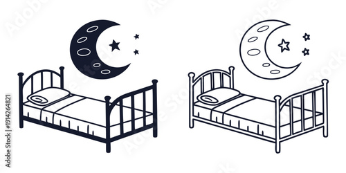 Black and white line art of metal frame beds with crescent moon and stars decorations