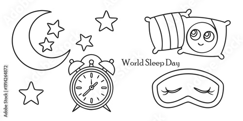 World sleep day line art collection includes pillow, alarm clock, moon, stars, eye mask