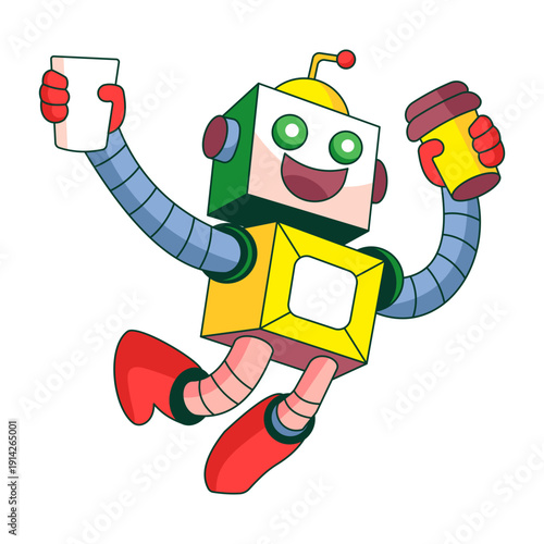 A flat style illustration showing a robot character drinking coffee