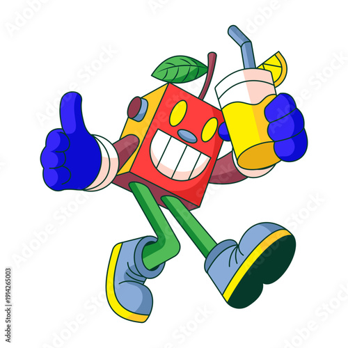 Flat illustration showing a robot character drinking juice happily