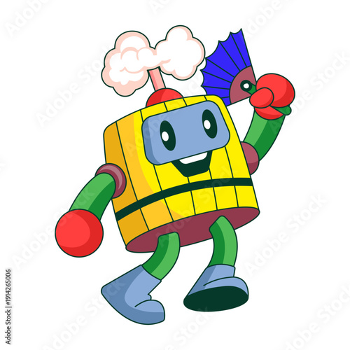 Flat illustration showing a robot character enjoying steam bath