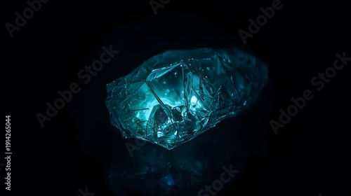 A stunning 3D render of a translucent teal crystal illuminated from within, featuring sharp geometric shards and a mysterious, radiant glow against a dark void
