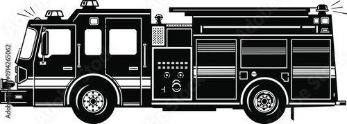 “Silhouette illustration of fire truck with ladders, sirens, and compartments symbolizing emergency response, firefighting rescue vehicle, and artistic representation”