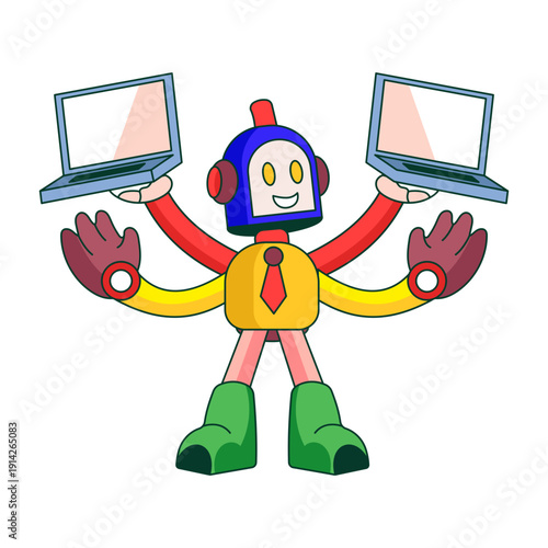Flat illustration showing a multitasking robot
