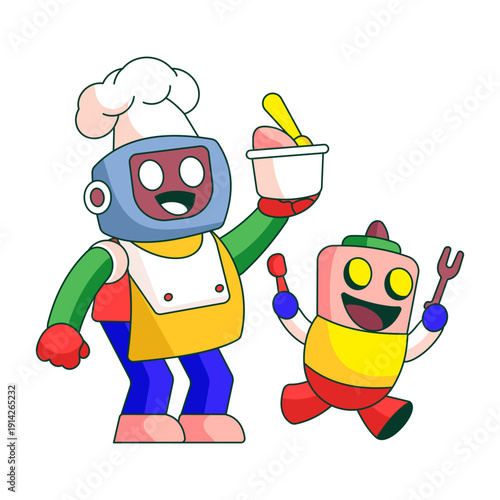 Flat illustration showing a robot character enjoying fatherhood moment