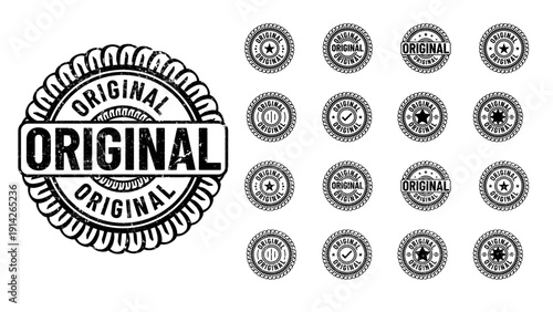 A set of black and white original stamps on a clean white background