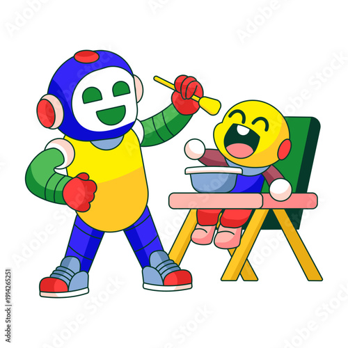 Flat illustration showing a robot character feeding baby carefully