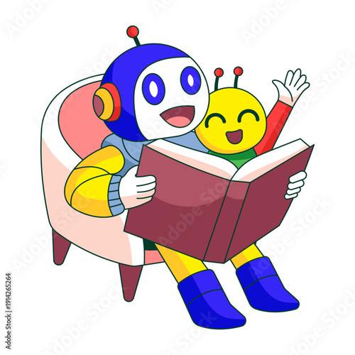 Flat illustration showing a robot character reading a book