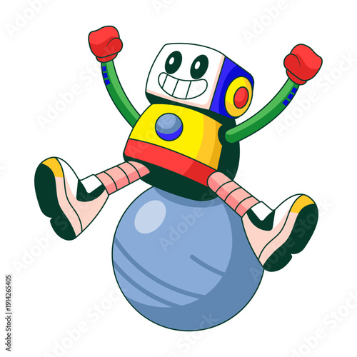 A flat style illustration showing a robot character using balance ball