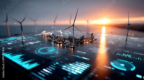 Smart digital energy grid dashboard with wind turbine farm, miniature city and glowing data visualizations sunset expressing innovation