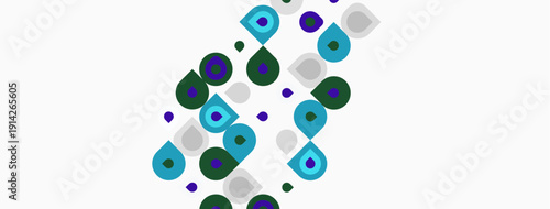 Abstract pattern features overlapping circles, varying sizes, shades. Teal, purple, green hues dominate white background. Modern design element.