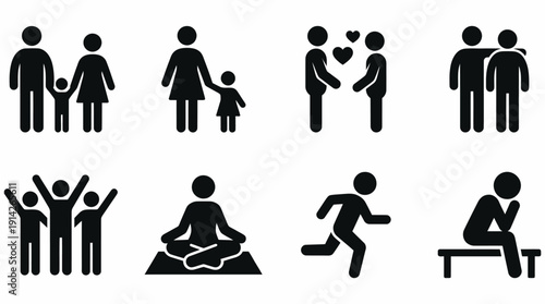 Human Life Vector Icon Set Featuring Family, Love, Friendship, Community, Meditation, Running, Aging, and Relationships for Social, Educational, and Graphic Design Use