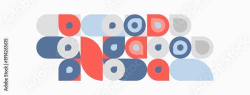 Abstract geometric shapes, circles, squares, rectangles. Soft colors, muted tones, modern design, playful composition.