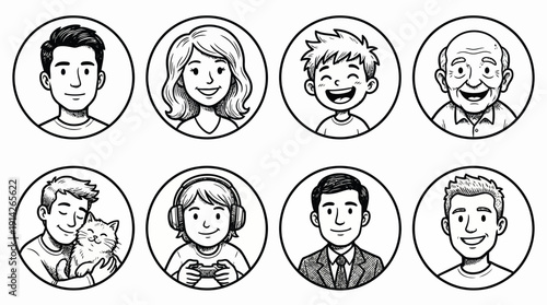 Cartoon Character Vector Icon Set Featuring Diverse Portraits of Men, Women, Children, Elderly, Pet Owner, Professional, and Entertainer for Avatars, Education, and Graphic Design Use