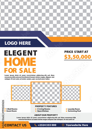 Modern elegant real estate home sale flyer template showcasing spacious interior design, luxury living room layout, property features, and marketing brochure layout for housing promotion.