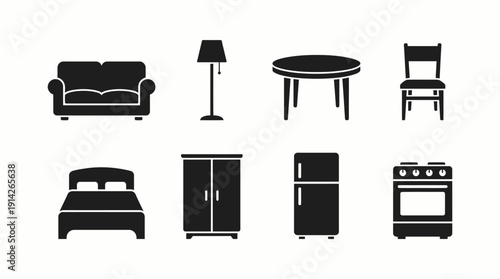 Household Furniture Vector Icon Set Featuring Sofa, Lamp, Table, Chair, Bed, Wardrobe, Fridge, and Stove for Home Interior, Shopping, and Graphic Design Use