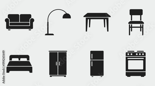 Household Furniture Vector Icon Set Featuring Sofa, Lamp, Table, Chair, Bed, Wardrobe, Fridge, and Stove for Home Interior, Shopping, and Graphic Design Use