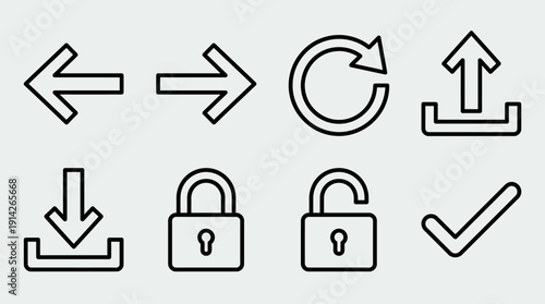 Digital UI Vector Icon Set Featuring Arrows, Refresh, Upload, Download, Padlocks, and Checkmark for Navigation, Security, Confirmation, and Graphic Design in Applications