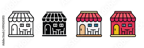 Local storefront cafe and small business shop icon vector. Retail boutique symbol for commercial building, marketplace, and restaurant set.
