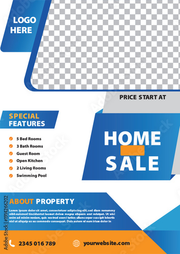 Modern elegant real estate home sale flyer template showcasing spacious interior design, luxury living room layout, property features, and marketing brochure layout for housing promotion.