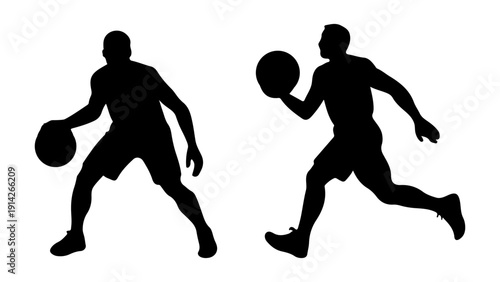 Action basketball player silhouettes dribbling and shooting vector pose.