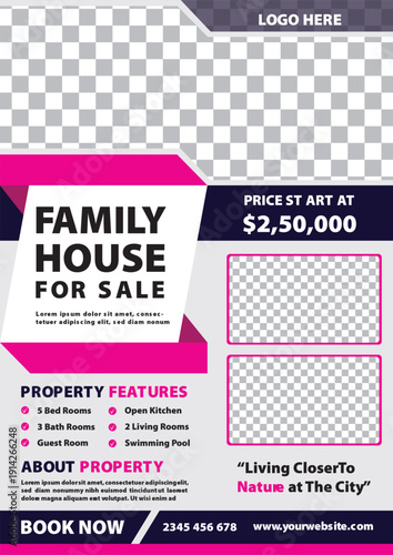 Modern elegant real estate home sale flyer template showcasing spacious interior design, luxury living room layout, property features, and marketing brochure layout for housing promotion.