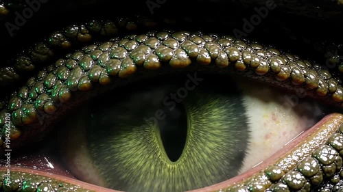 Extreme closeup of a prehistoric reptile monster's eye opening in darkness, revealing a vertical reptilian pupil and shimmering bioluminescent green