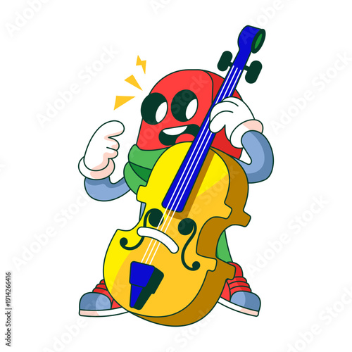 Flat illustration showing a robot character performing as guitarist