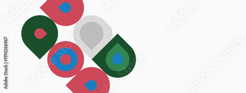 Abstract colorful shapes overlap. Circles, arcs, rectangles create dynamic composition. Minimalist design, bright hues present playful aesthetic.