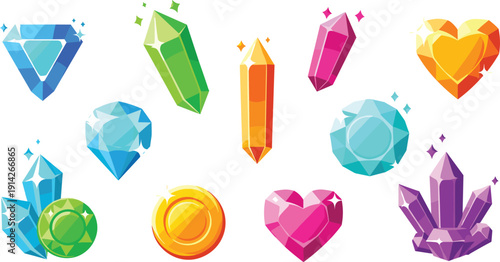 Colorful Gemstone Vector Set with Diamonds Crystals Hearts Coins and Shiny Fantasy Jewels for Game UI Assets and Mobile App Design.