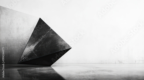 An abstract geometric sculpture is leaning against a minimalist concrete wall with a mirror reflection in the room AI Generative