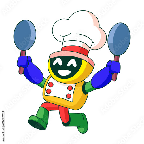 A flat style illustration showing a robot character wearing chef hat
