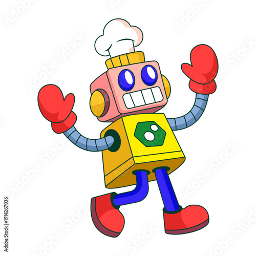 Flat illustration showing a robot character holding oven mitts