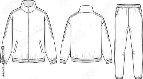 “Technical fashion sketch illustration of tracksuit with jacket and pants symbolizing apparel design, garment construction, sportswear, and artistic representation”