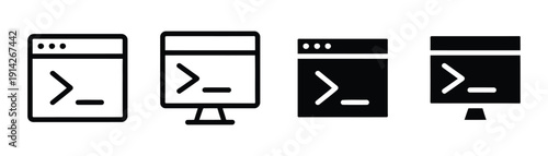 Computer terminal and coding window icon vector. Command line interface for software development, programming, and hacking symbol set. Vector illustration