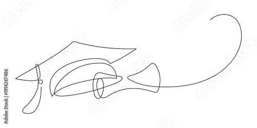 Graduation cap and scroll. Continuous line drawing.