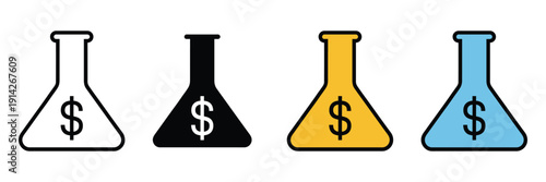 Laboratory flask with dollar sign icon vector. Chemistry beaker for financial research, investment science, and economy experiment symbol set. Vector illustration.