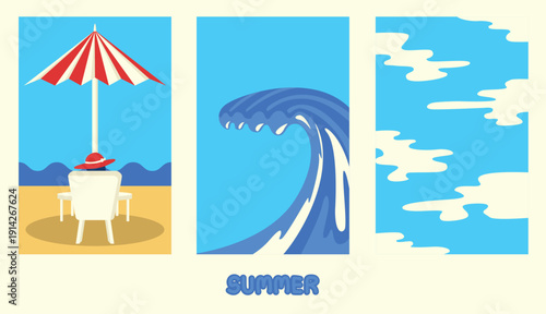 Set of summer vacation posters featuring beach chair and blue sky. Template for Banner, background and etc.