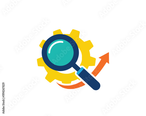 Magnifying glass examining gear with upward trending arrow symbolizing growth and optimization in business and technology