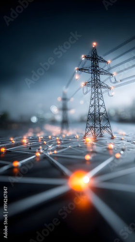 High voltage transmission tower over digital power grid network with glowing connection nodes, futuristic energy infrastructure and illuminated