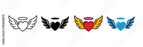 Angel heart with wings and halo icon vector. Romantic celestial symbol for love, spirituality, and memorial Valentine's day set. Vector illustration.