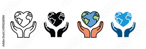Heart shaped earth globe and hands icon vector. Human palms holding planet for ecology, world peace, and charity symbol set. Vector illustration.