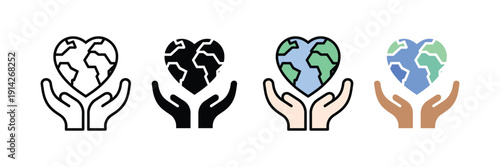 Heart shaped earth globe and hands icon vector. Human palms holding planet for ecology, world peace, and charity symbol set. Vector illustration.