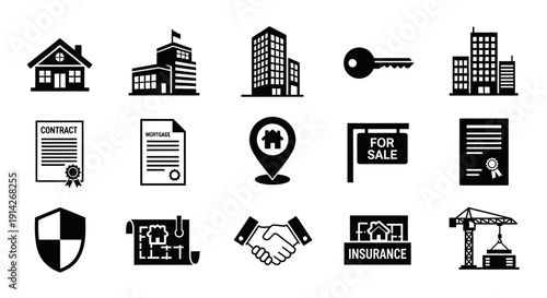 Real Estate Silhouette Icons Set – Solid Black Property Vector Collection