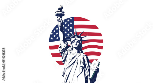 Graphic illustration of the Statue of Liberty in front of a circular American flag background.
