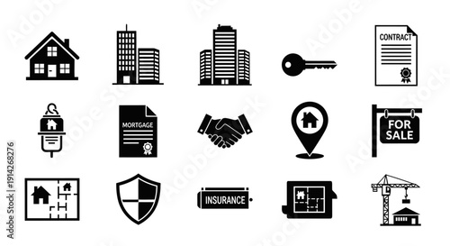 Real Estate Silhouette Icons Set – Solid Black Property Vector Collection