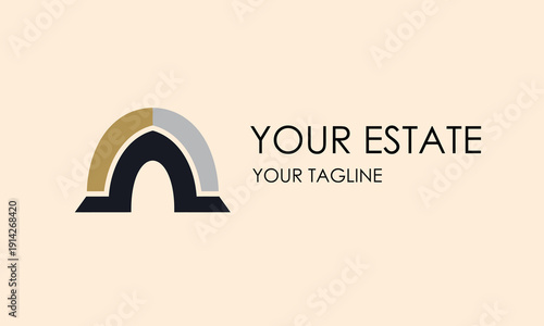 Modern abstract arch logo concept for real estate and property businesses, a sophisticated brand identity graphic representing stability, luxury, and architectural excellence for development companies